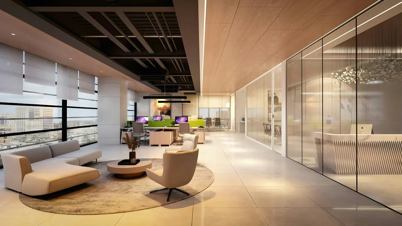Contemporary office lounge with sculptural seating and glass-walled workspaces