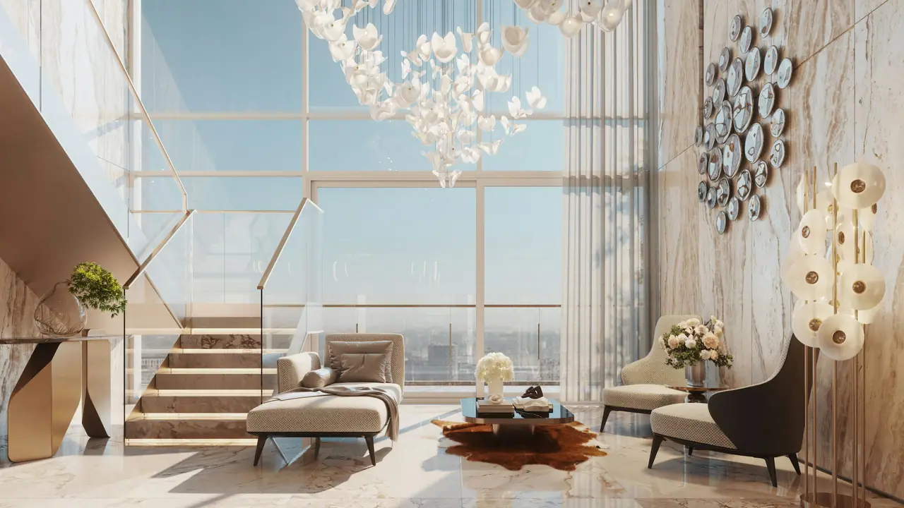 Double-height penthouse living room with floor-to-ceiling windows and a sculptural chandelier